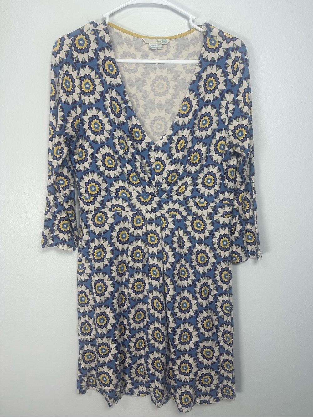 Boden Anna Jersey Dress cream, Blue and Yellow Geometric Floral size 12
